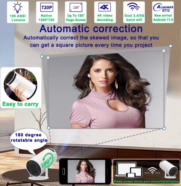 ORIVAST Smart Projector with Android 11.0, Mini Projector with WIFI and Bluetooth, Automatic Keystone Correction 160 ANSI Lumens and Native 720p Decoding 4K Video with Rotated 180 degree Stand - Image 3
